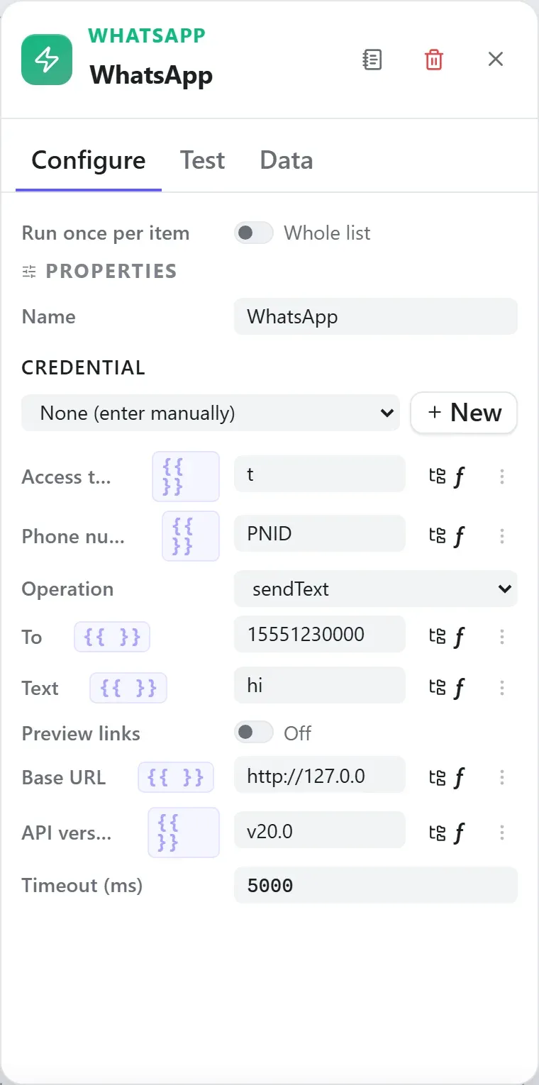 The WhatsApp node's settings in the Studio builder