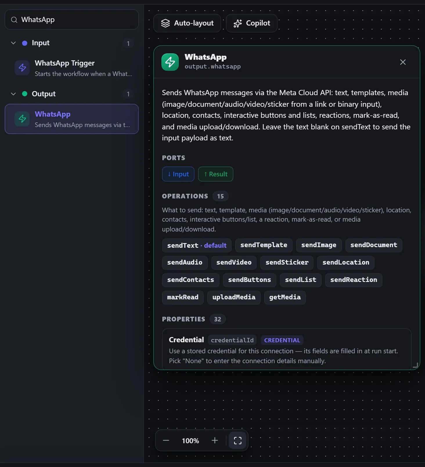 WhatsApp in the node library, with the in-editor docs panel open