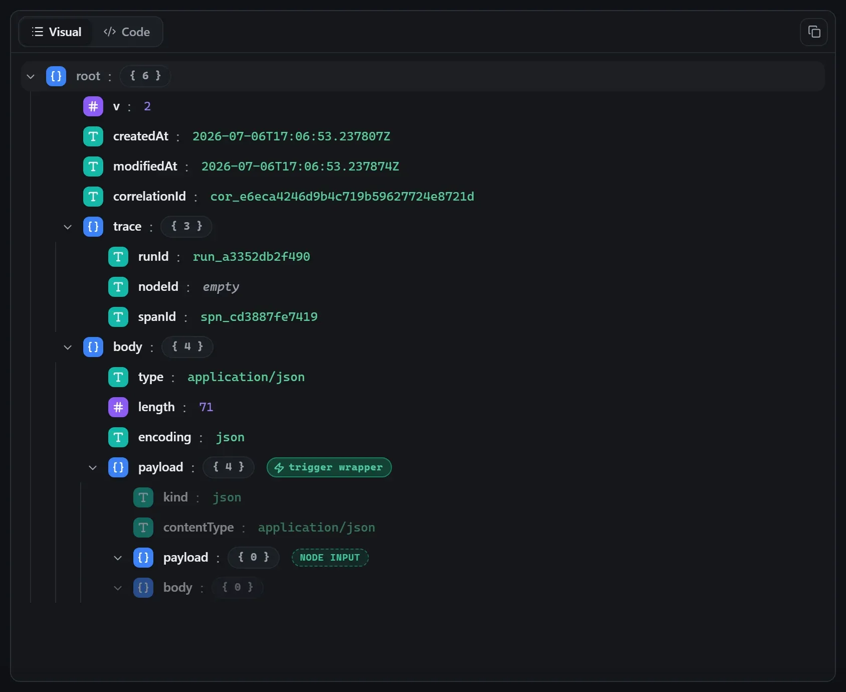 The WhatsApp node's input envelope in the run data viewer