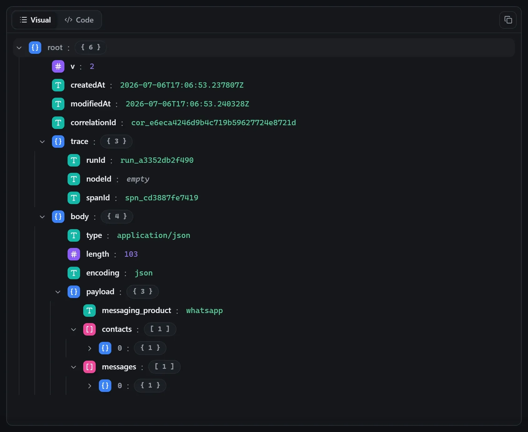 The WhatsApp node's output envelope in the run data viewer