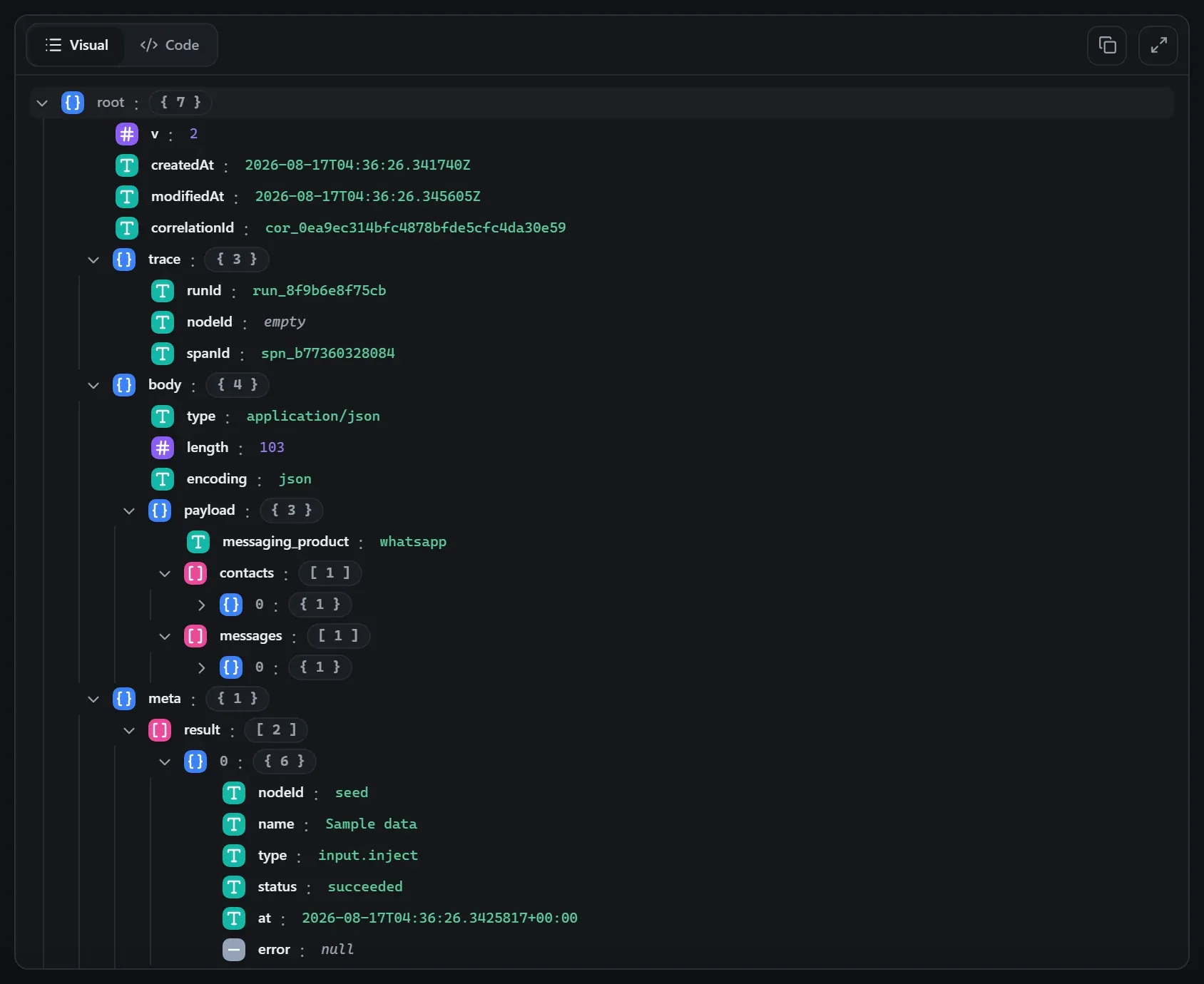 The WhatsApp node's output envelope in the run data viewer