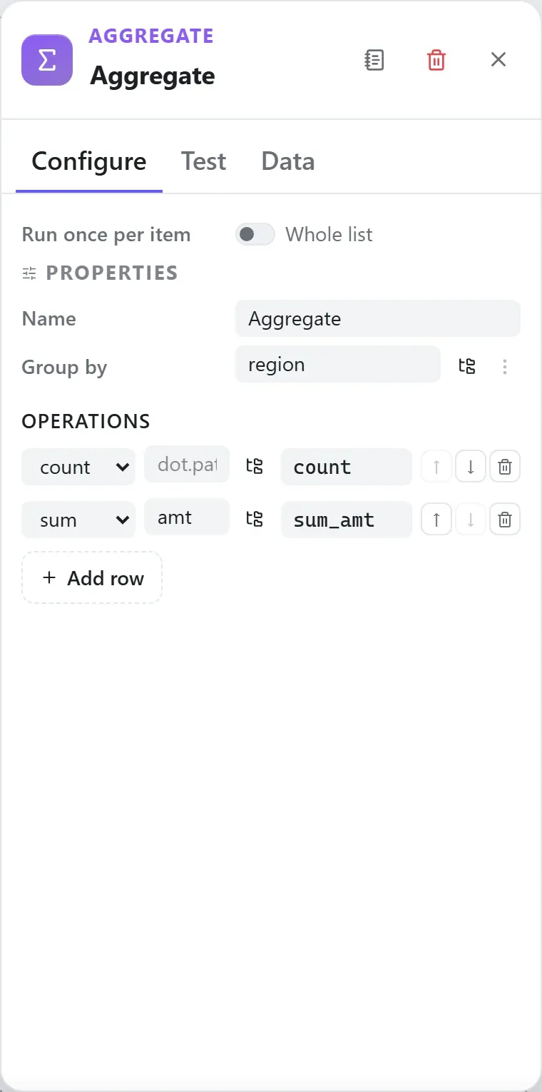 The Aggregate node's settings in the Studio builder