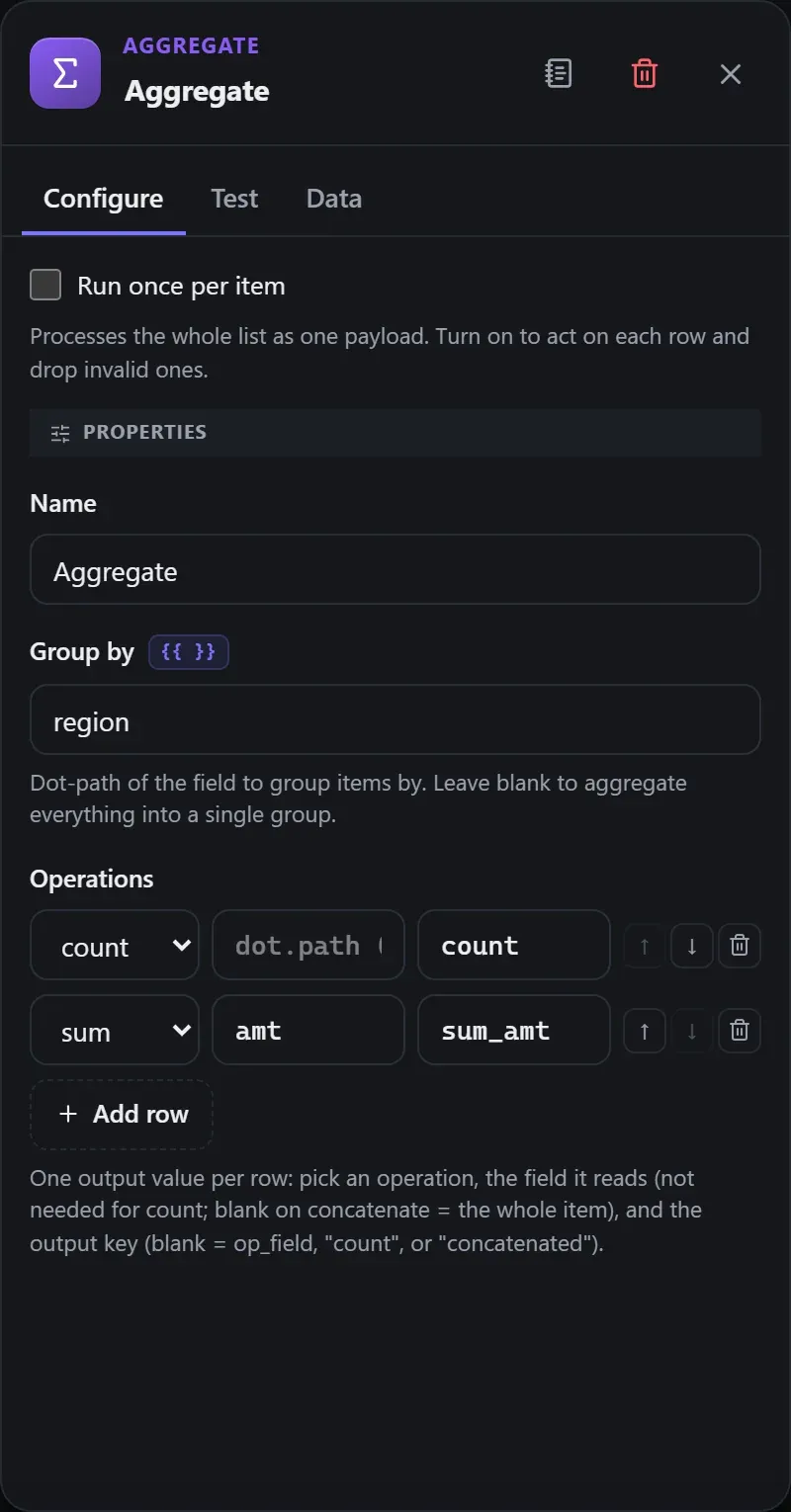 The Aggregate node's Configure panel in the Studio builder
