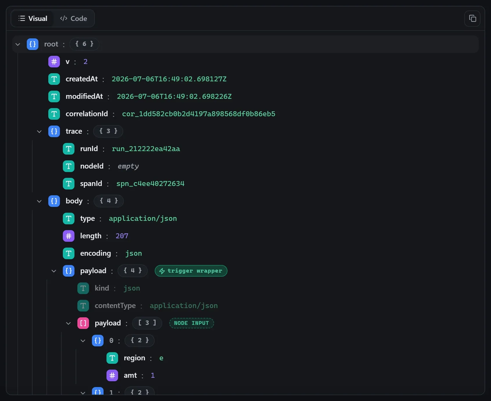 The Aggregate node's input envelope in the run data viewer
