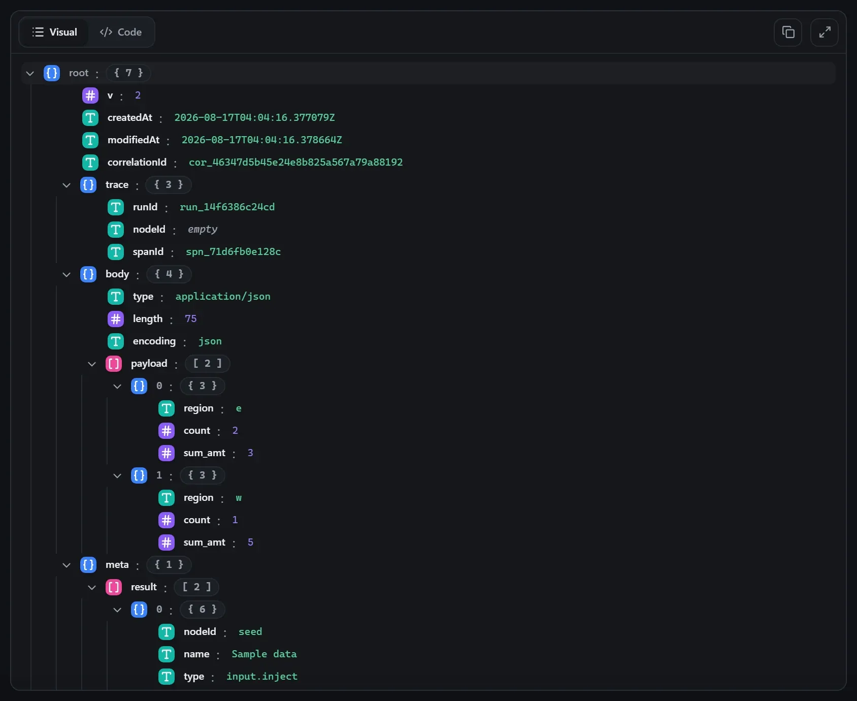 The Aggregate node's output envelope in the run data viewer