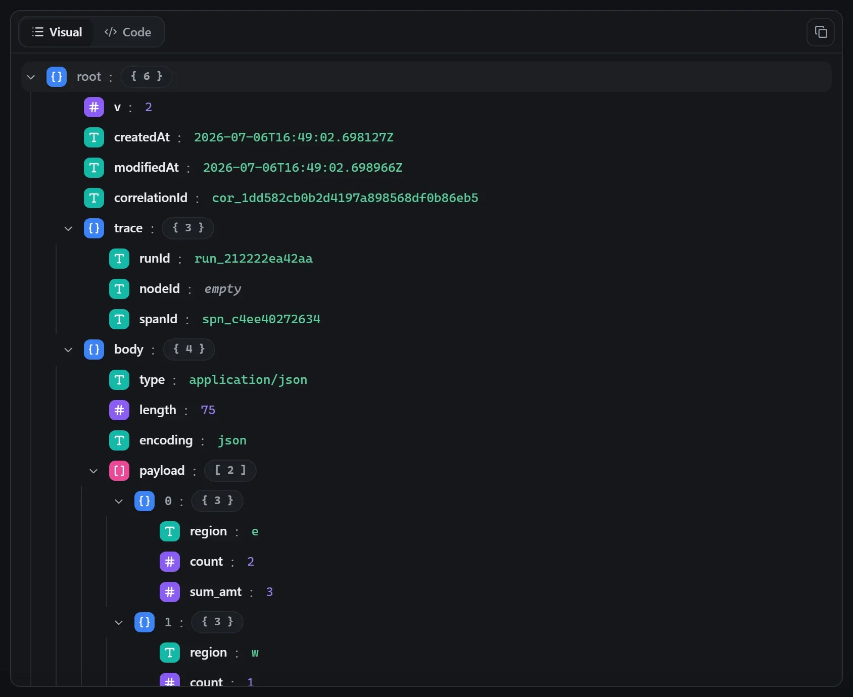 The Aggregate node's output envelope in the run data viewer