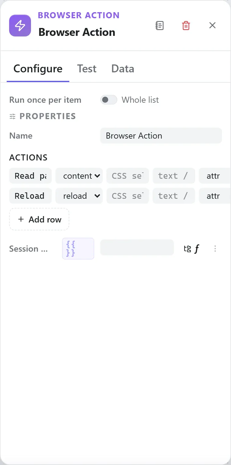 The Browser Action node's settings in the Studio builder