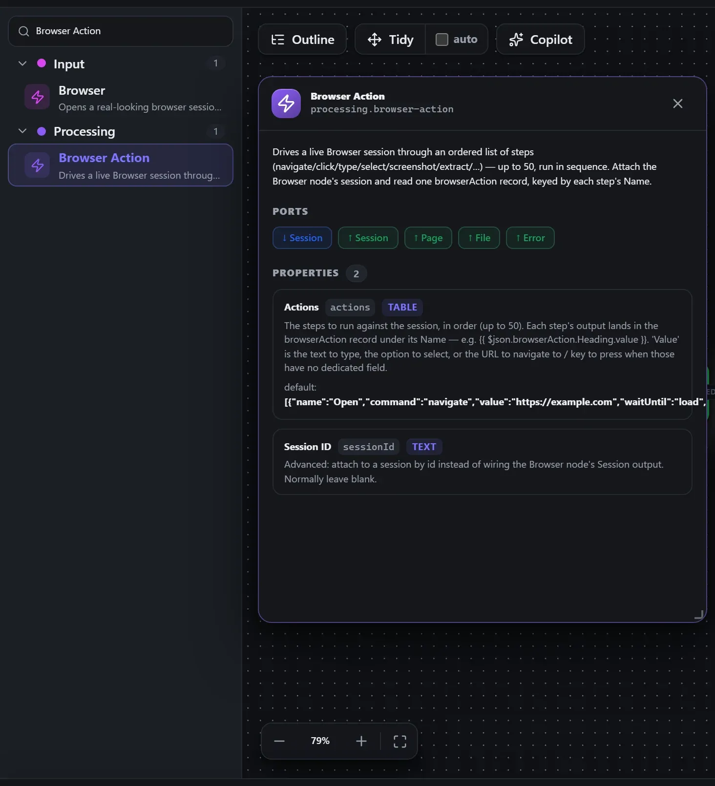 Browser Action in the node library, with the in-editor docs panel open
