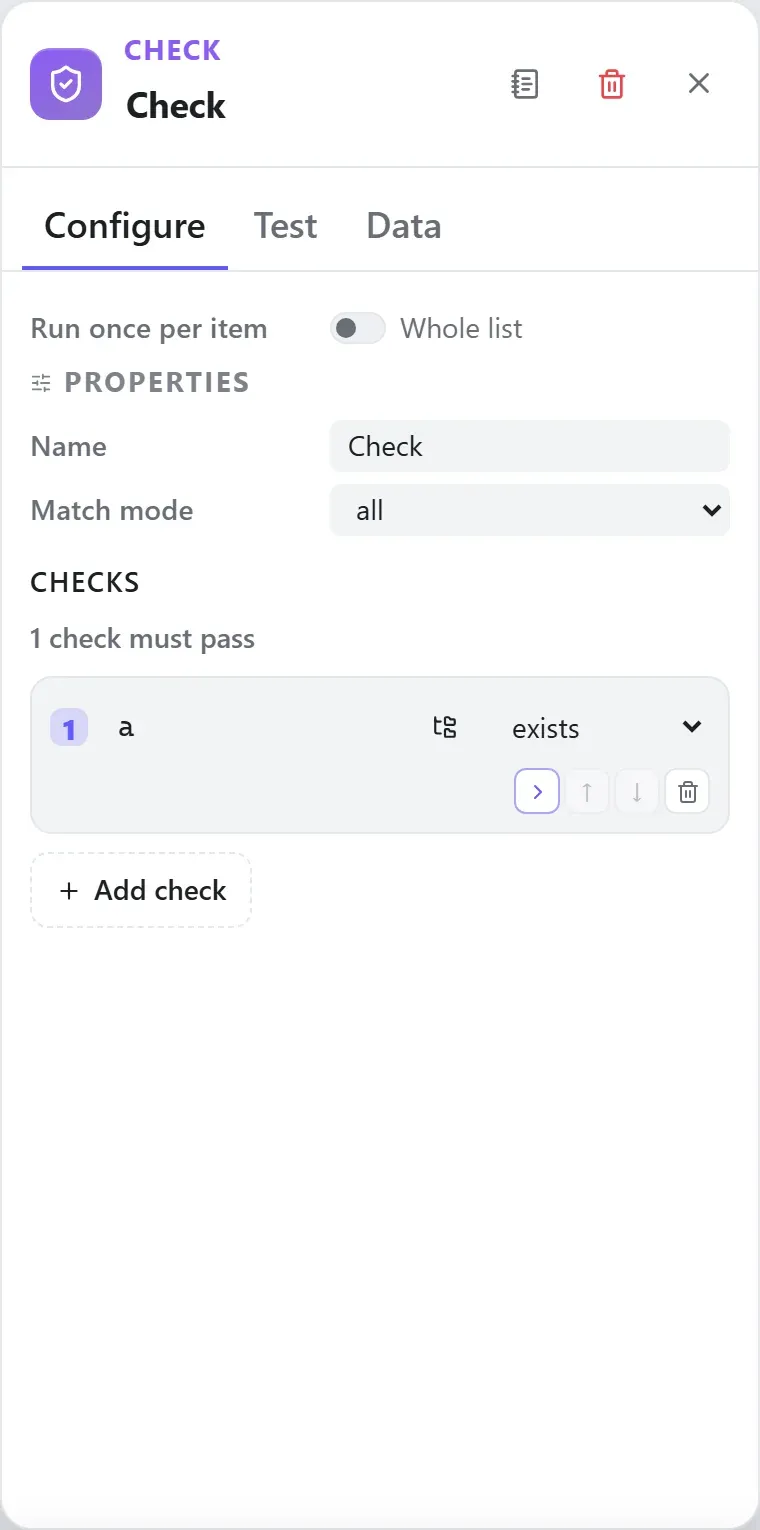 The Check node's settings in the Studio builder