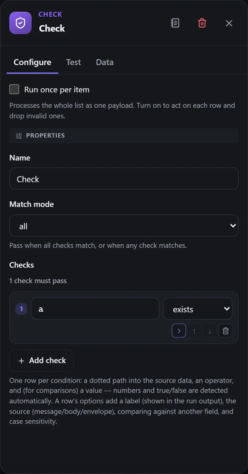 The Check node's Configure panel in the Studio builder