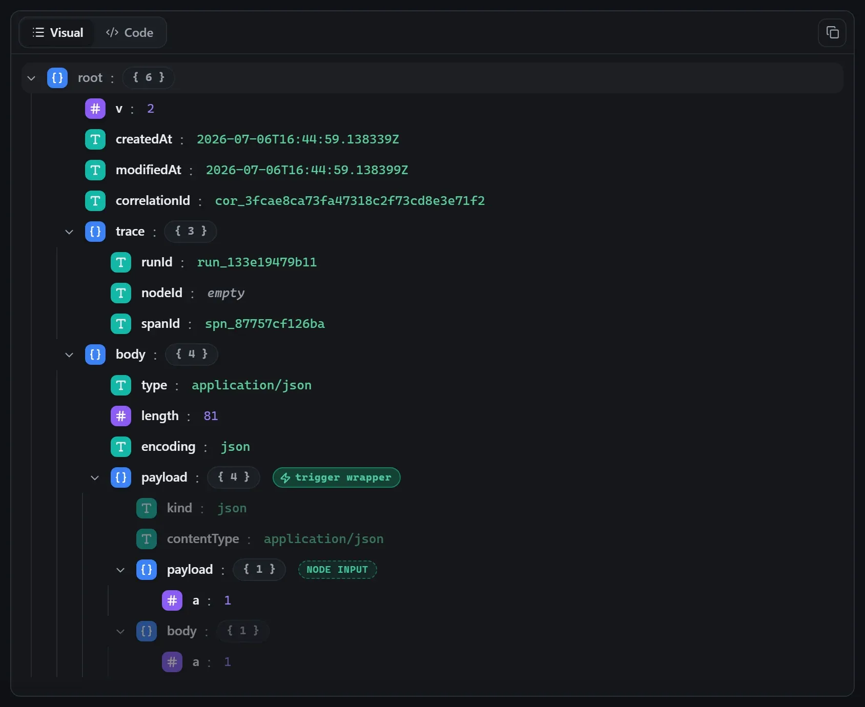 The Check node's input envelope in the run data viewer