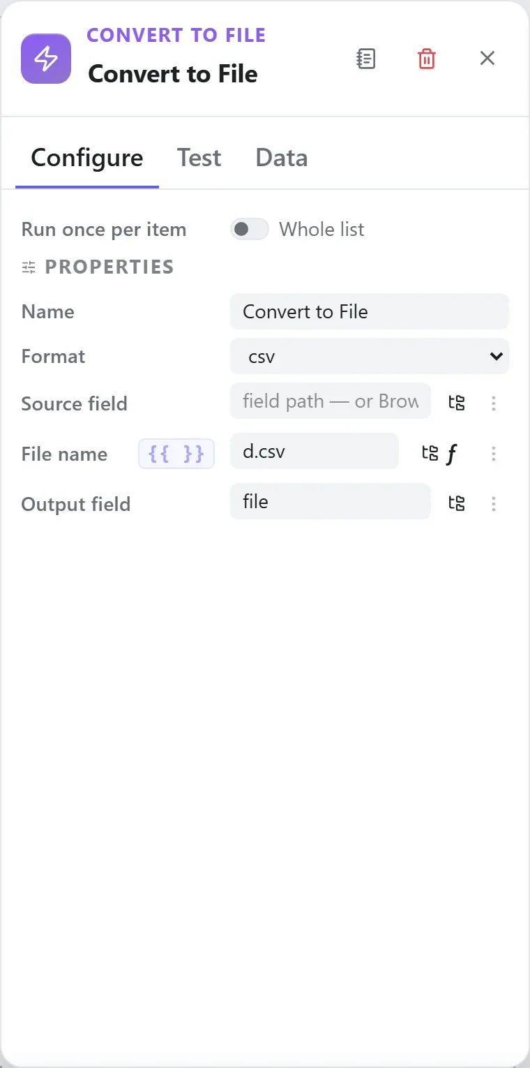 The Convert to File node's settings in the Studio builder