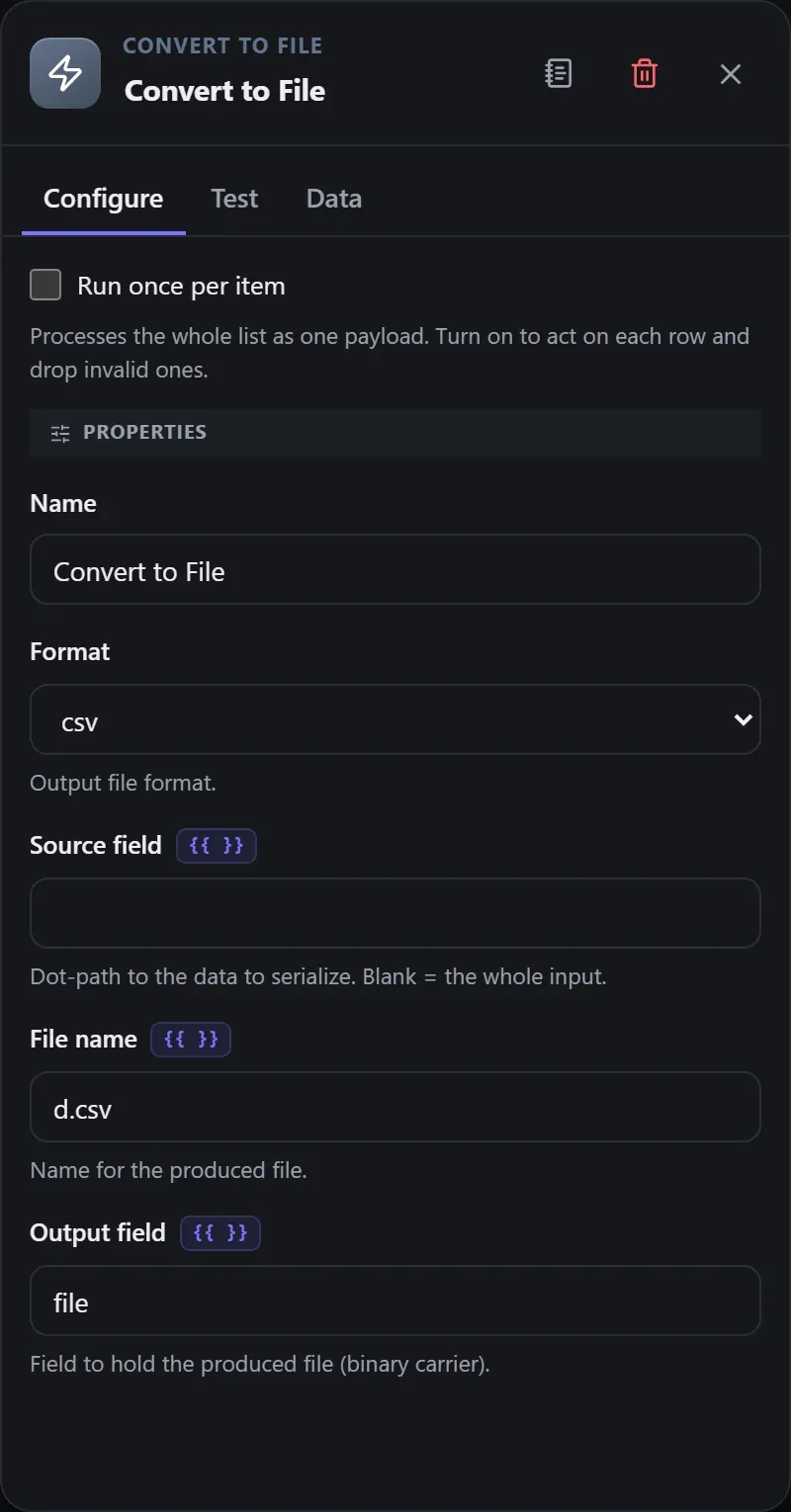 The Convert to File node's Configure panel in the Studio builder