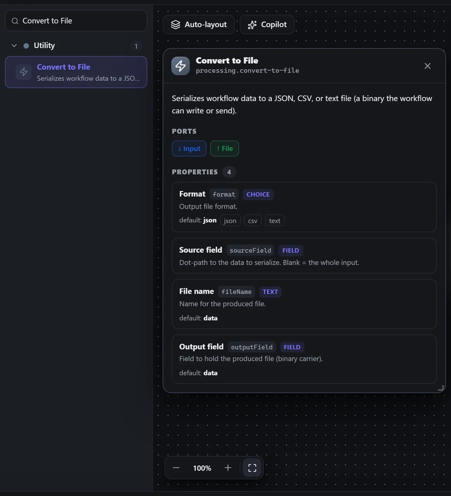 Convert to File in the node library, with the in-editor docs panel open