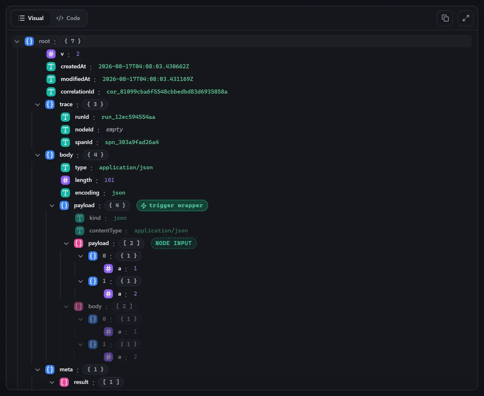The Convert to File node's input envelope in the run data viewer