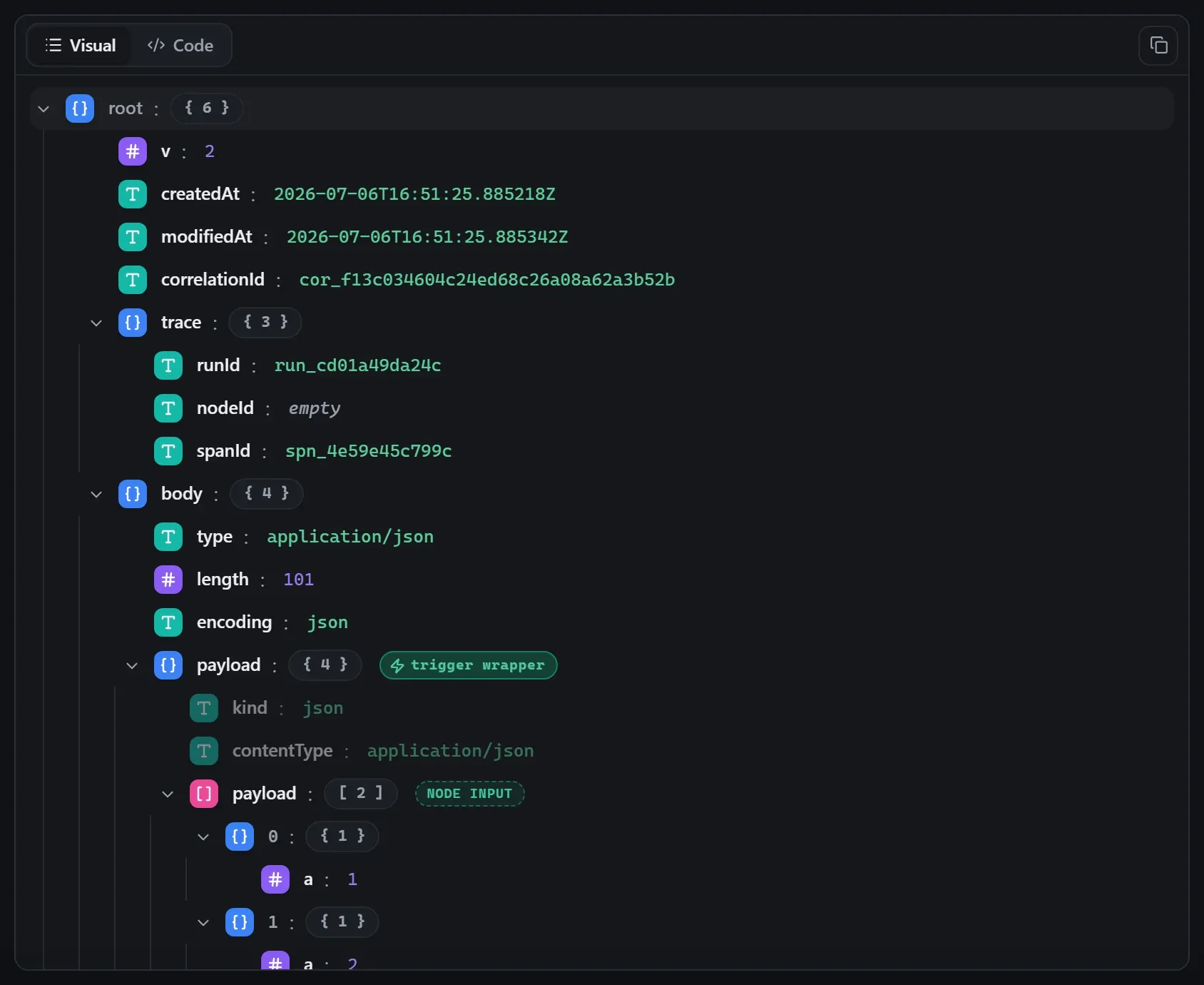 The Convert to File node's input envelope in the run data viewer