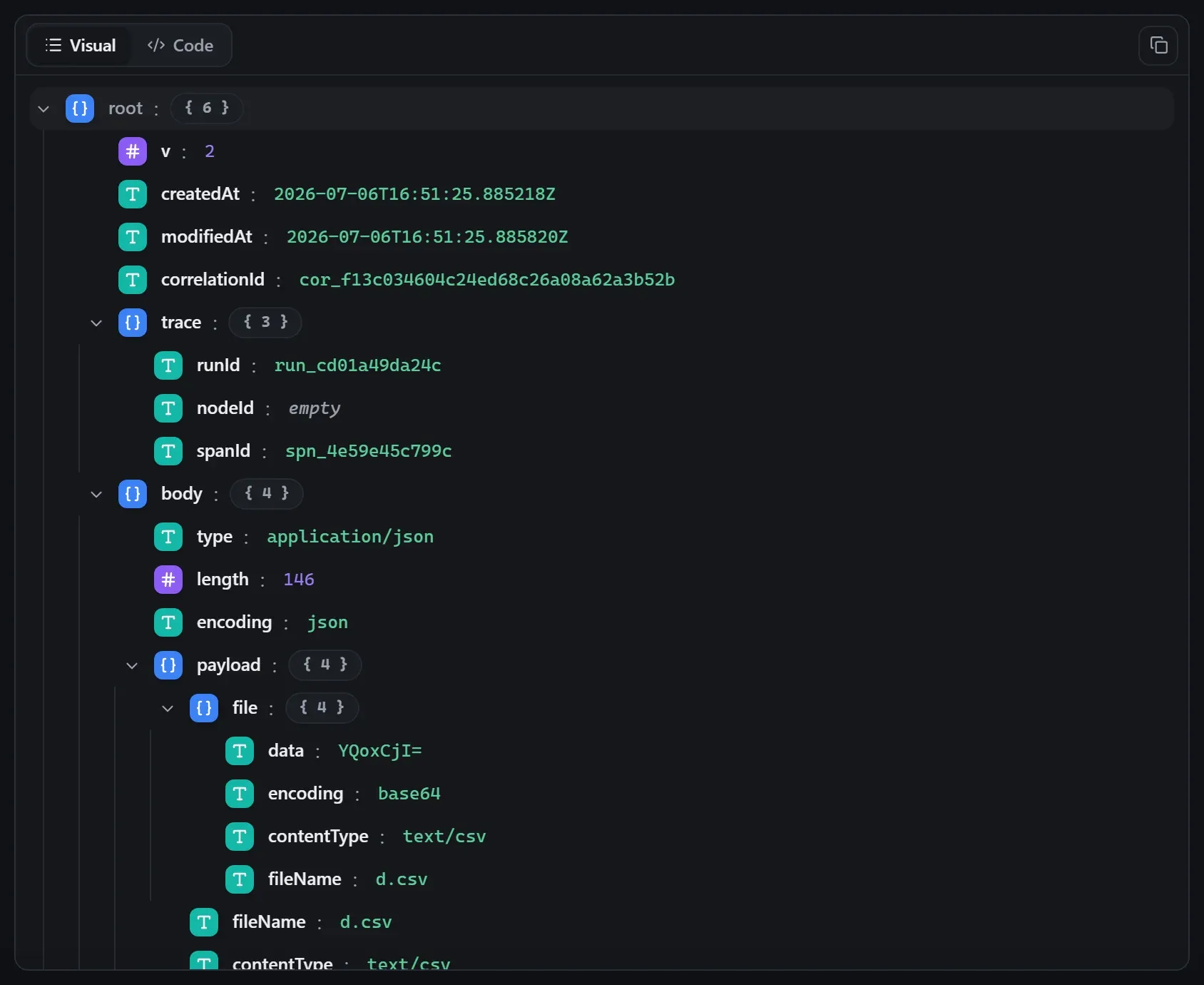 The Convert to File node's output envelope in the run data viewer