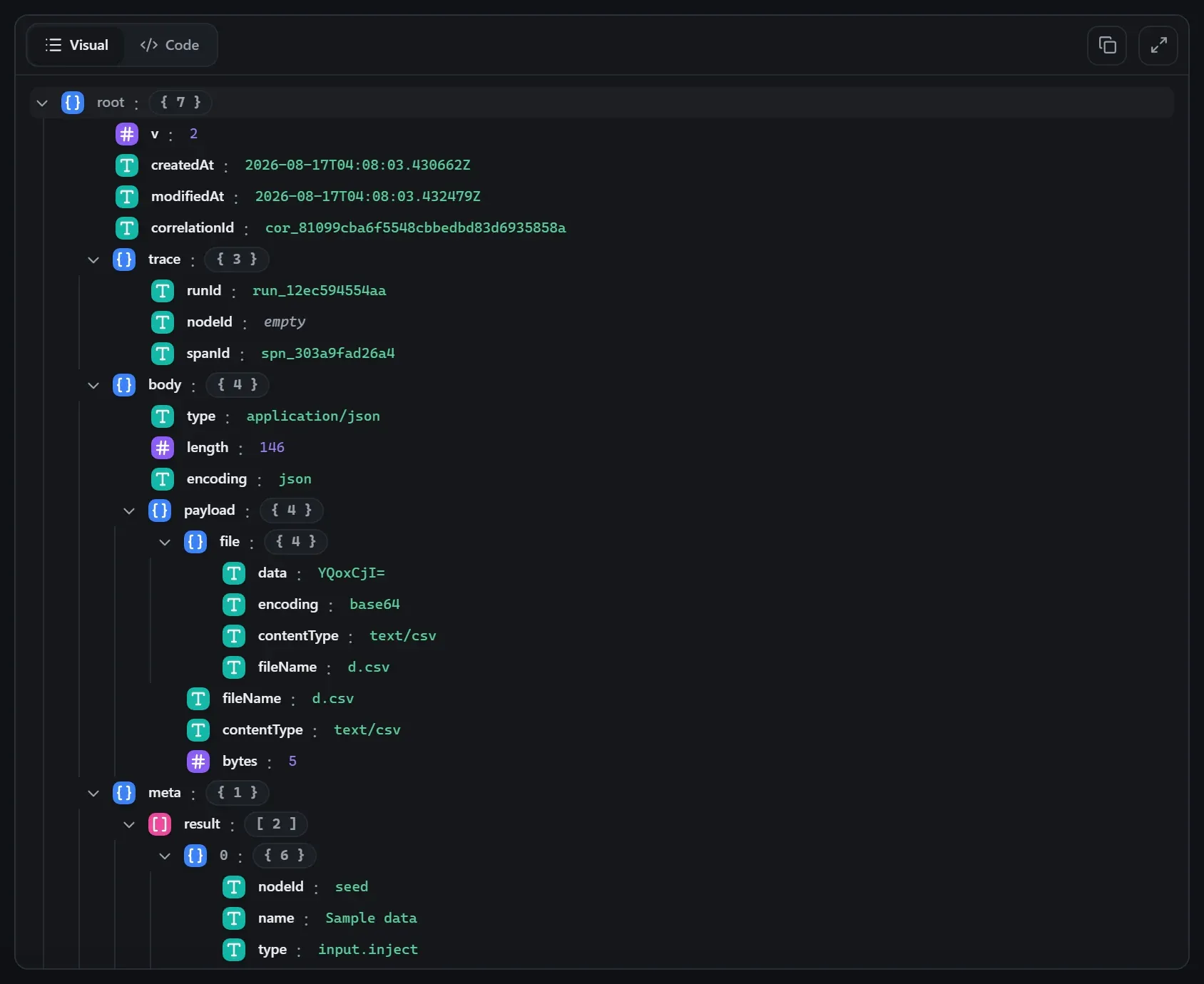 The Convert to File node's output envelope in the run data viewer