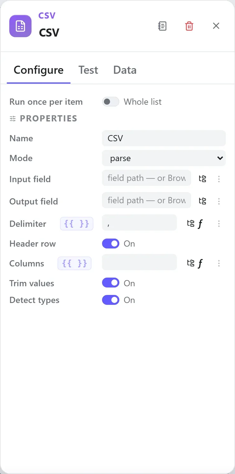 The CSV node's settings in the Studio builder
