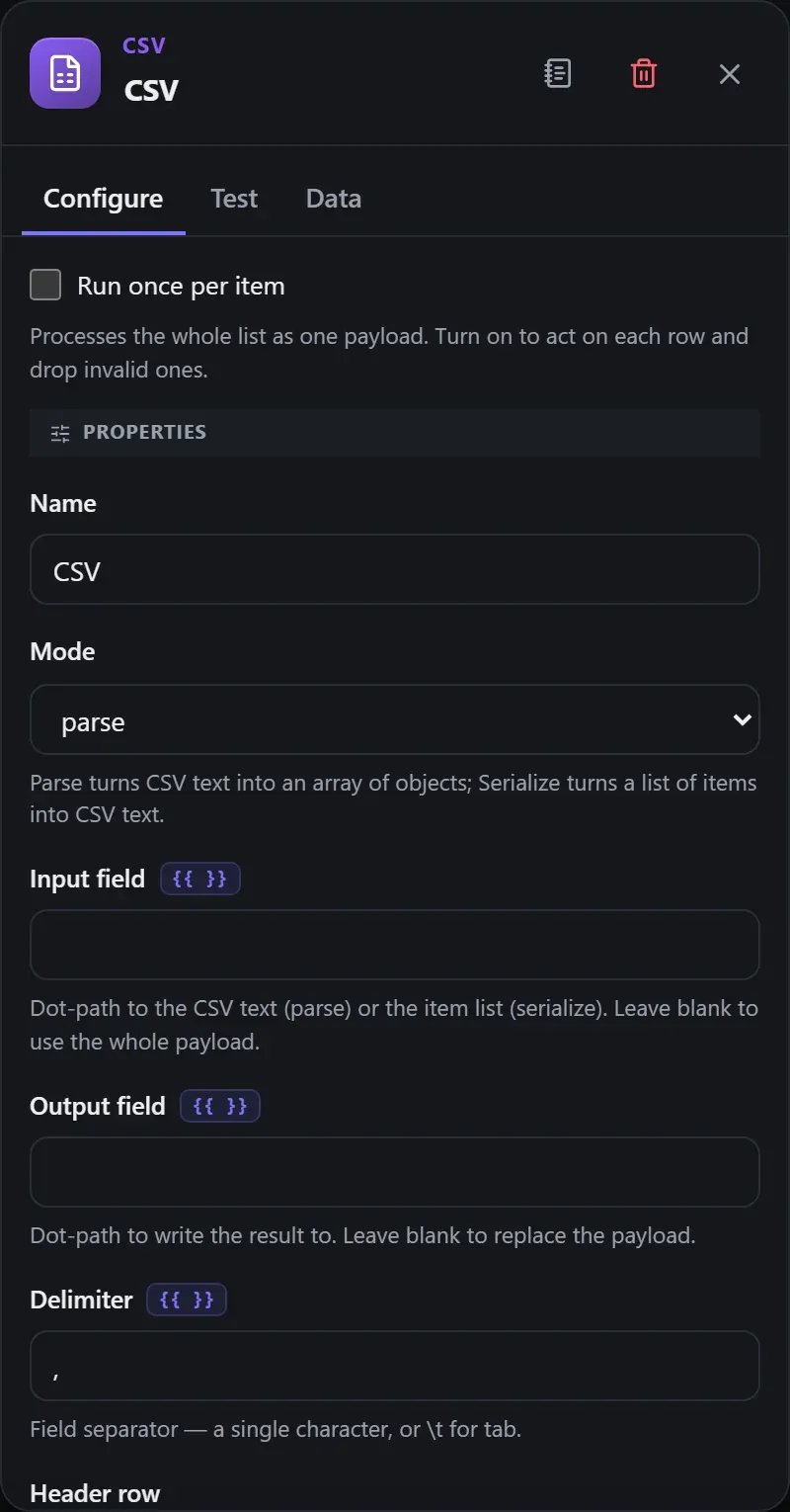 The CSV node's Configure panel in the Studio builder