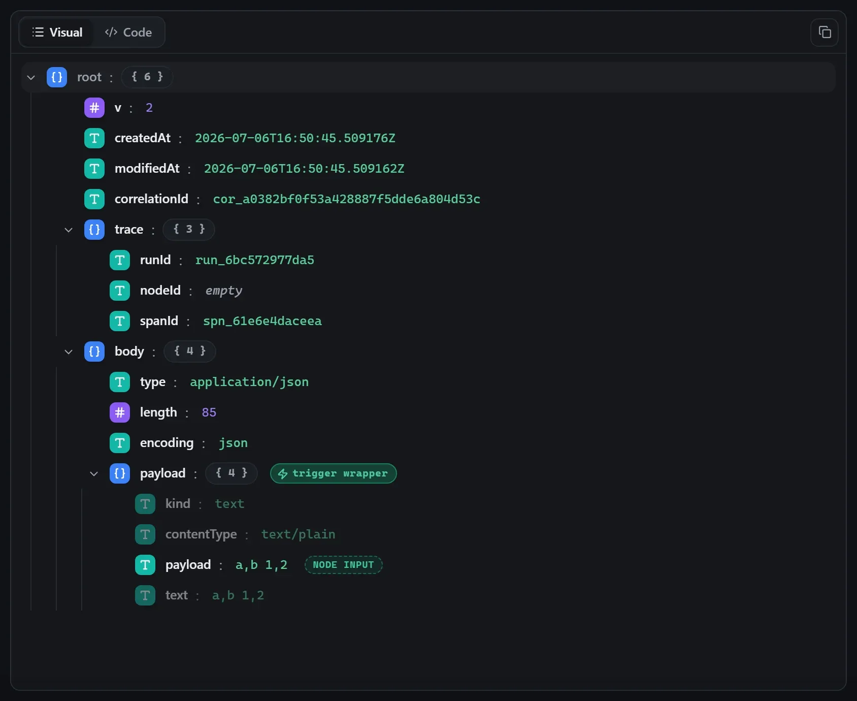The CSV node's input envelope in the run data viewer