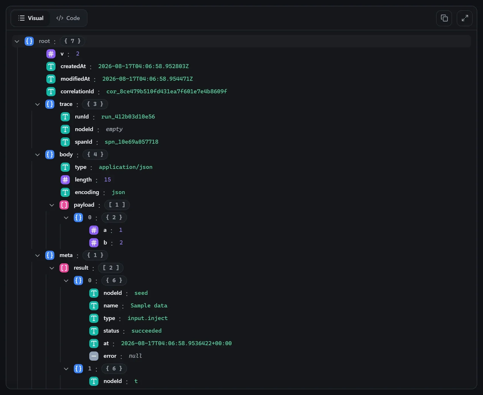 The CSV node's output envelope in the run data viewer
