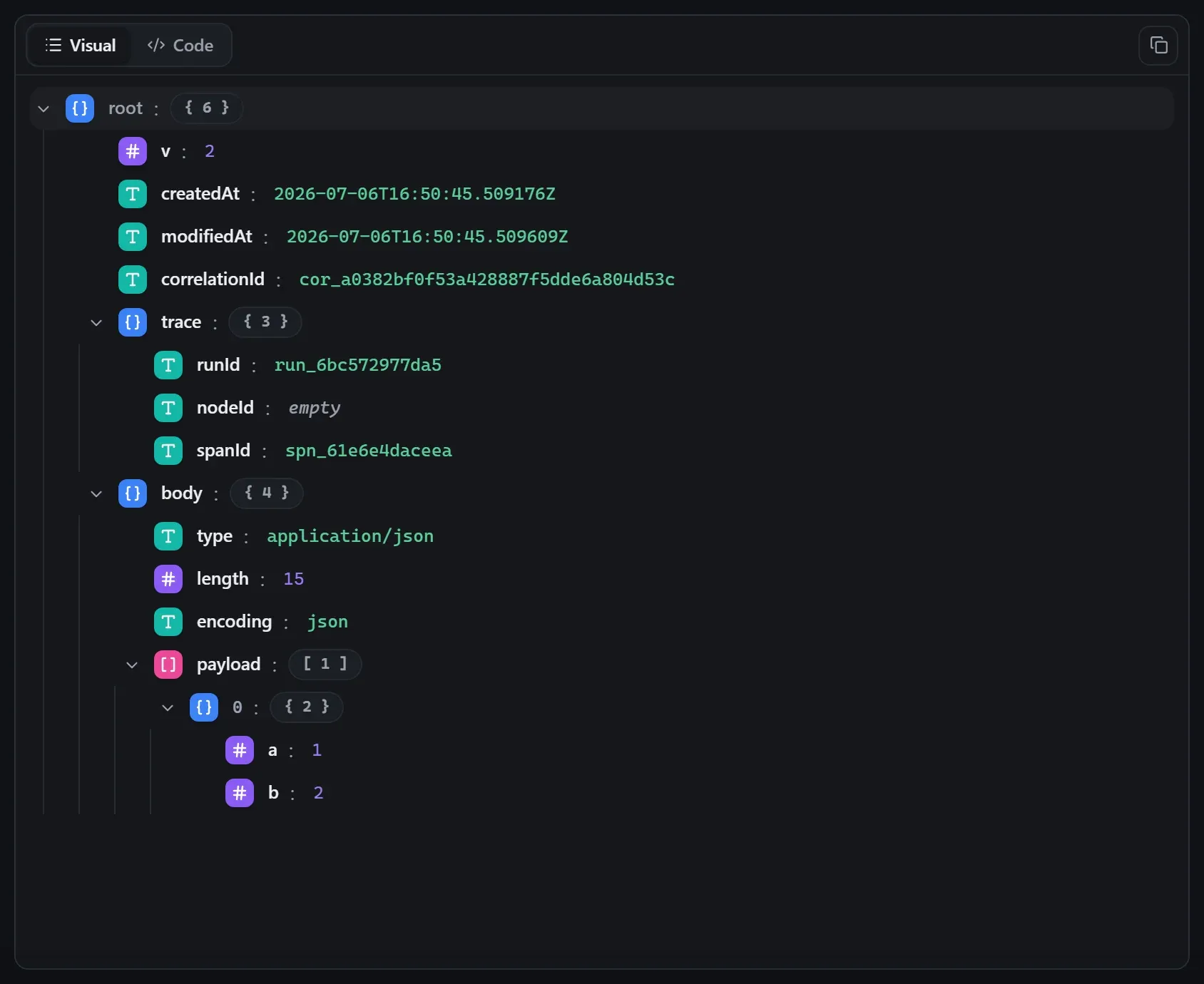 The CSV node's output envelope in the run data viewer
