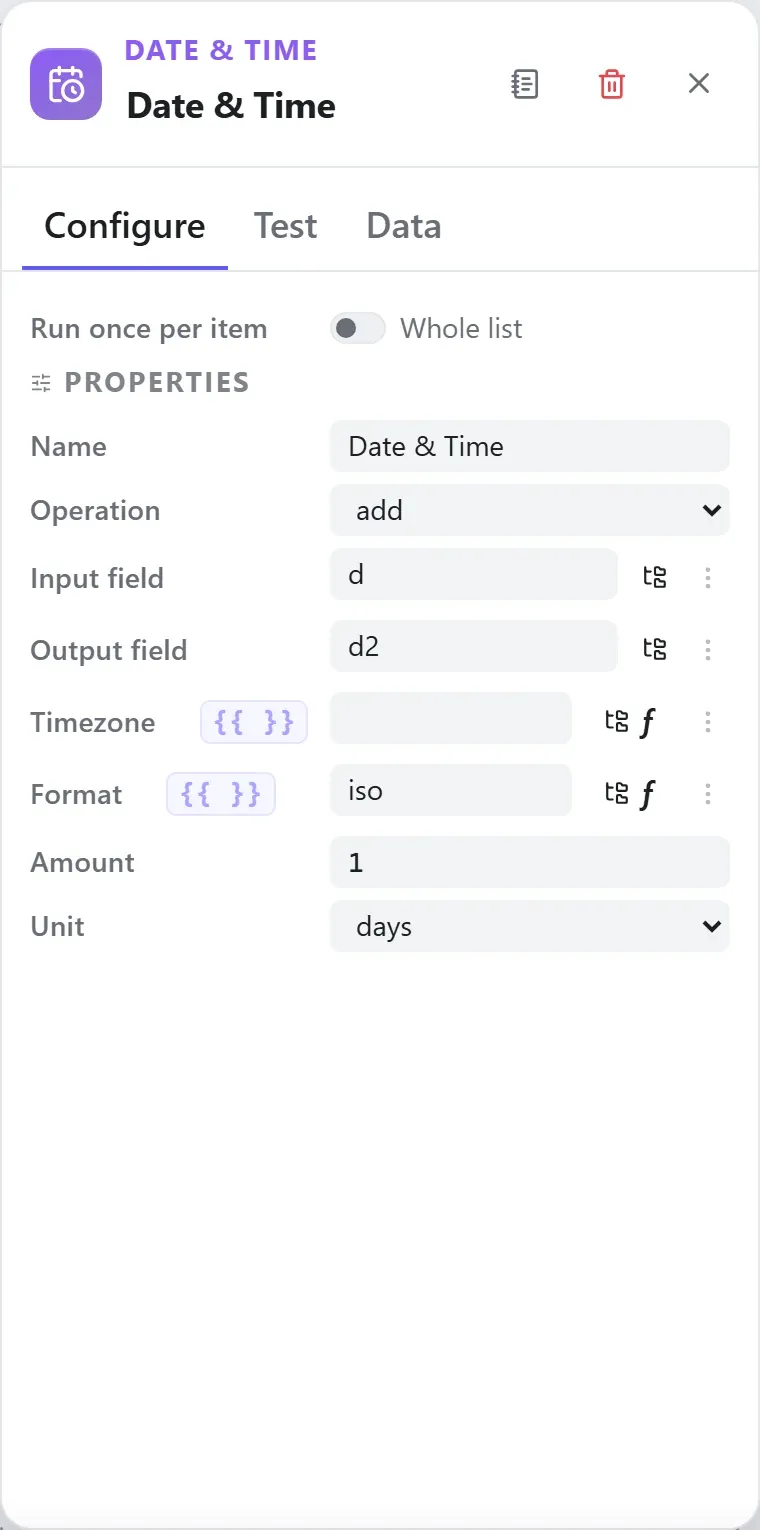 The Date & Time node's settings in the Studio builder
