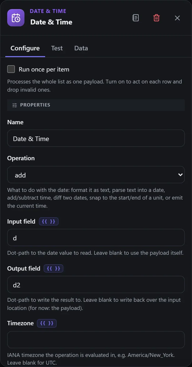 The Date & Time node's Configure panel in the Studio builder