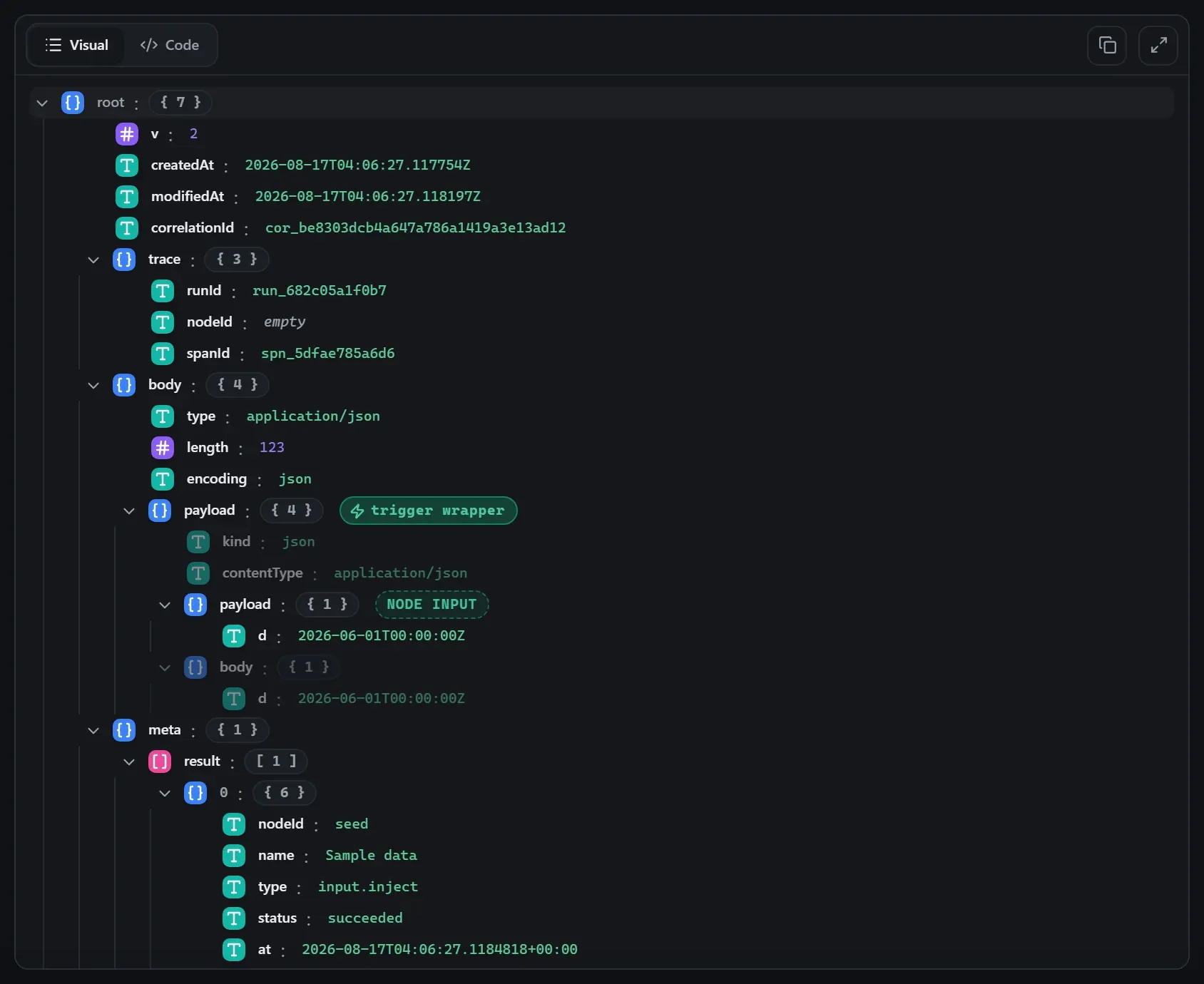 The Date & Time node's input envelope in the run data viewer