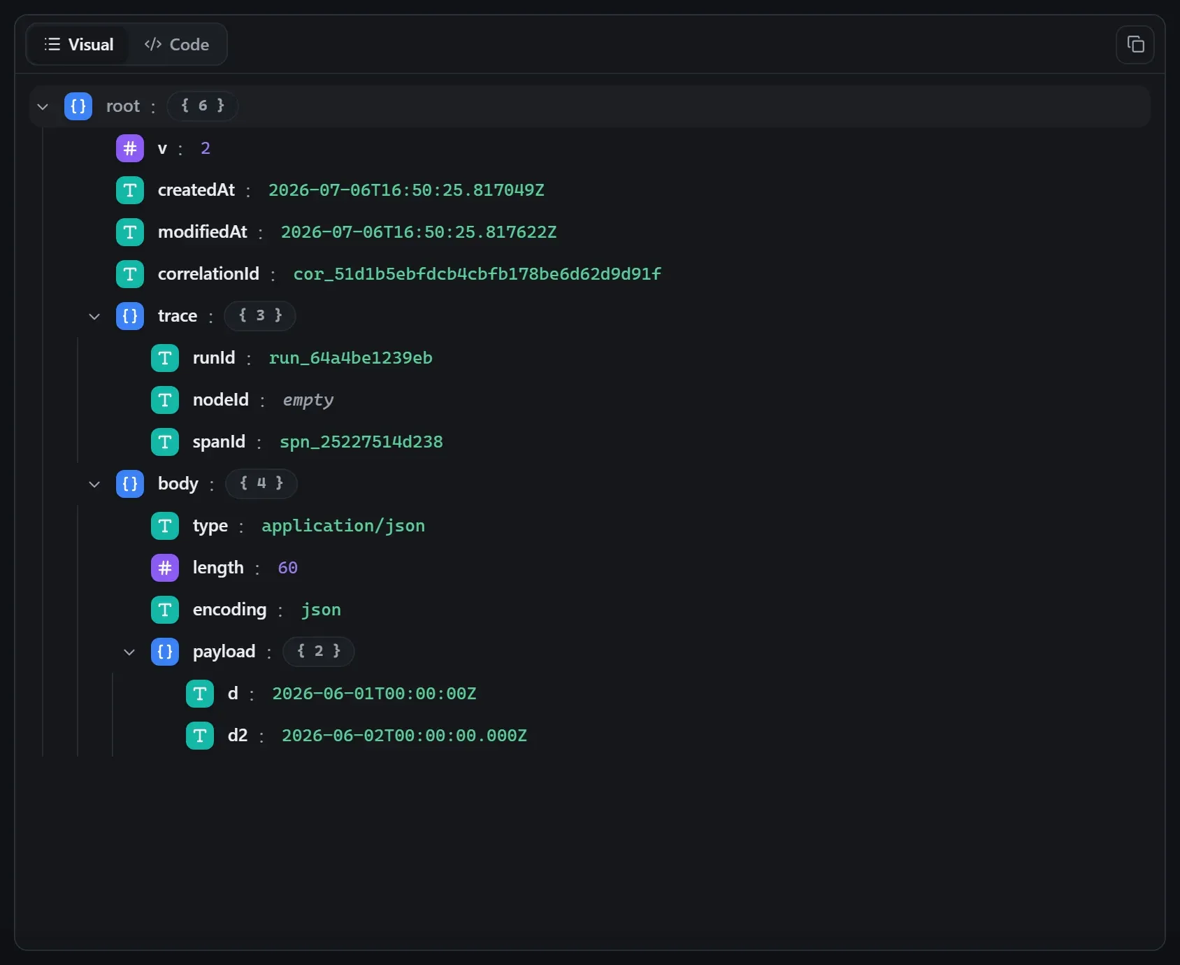 The Date & Time node's output envelope in the run data viewer