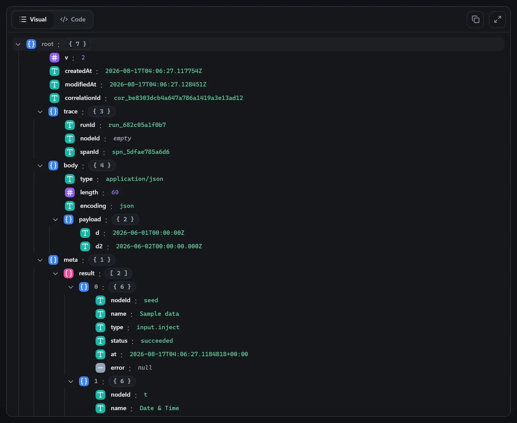 The Date & Time node's output envelope in the run data viewer