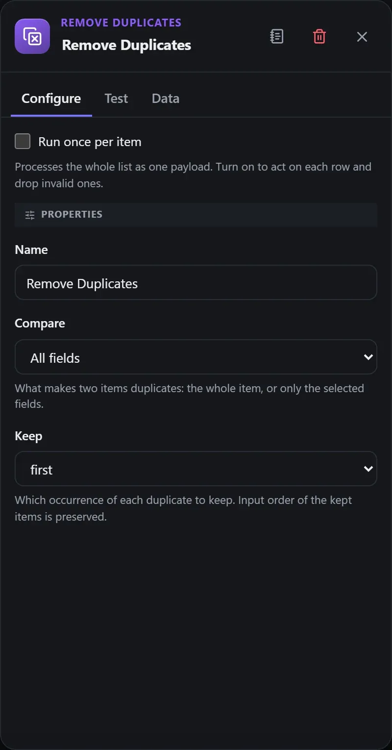 The Remove Duplicates node's Configure panel in the Studio builder