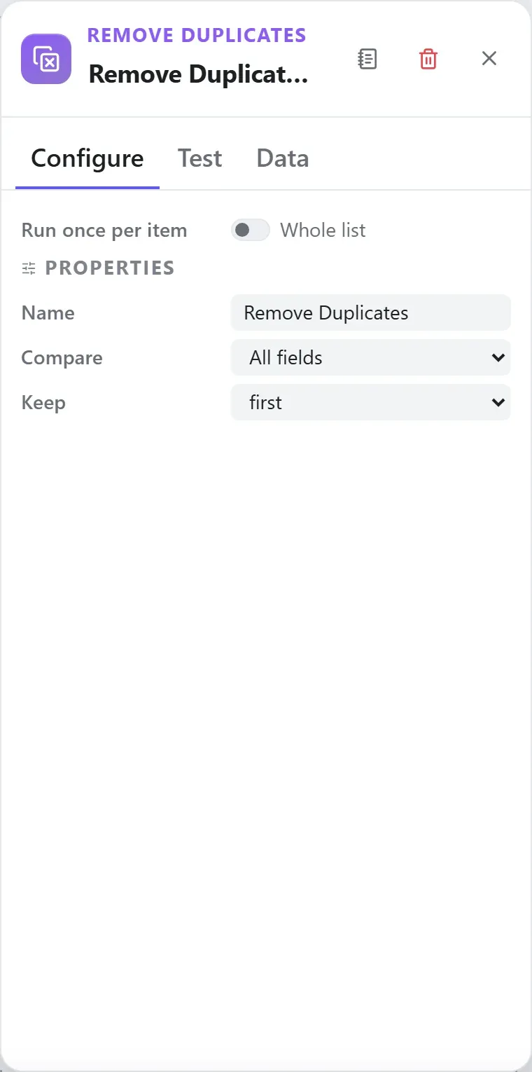 The Remove Duplicates node's settings in the Studio builder