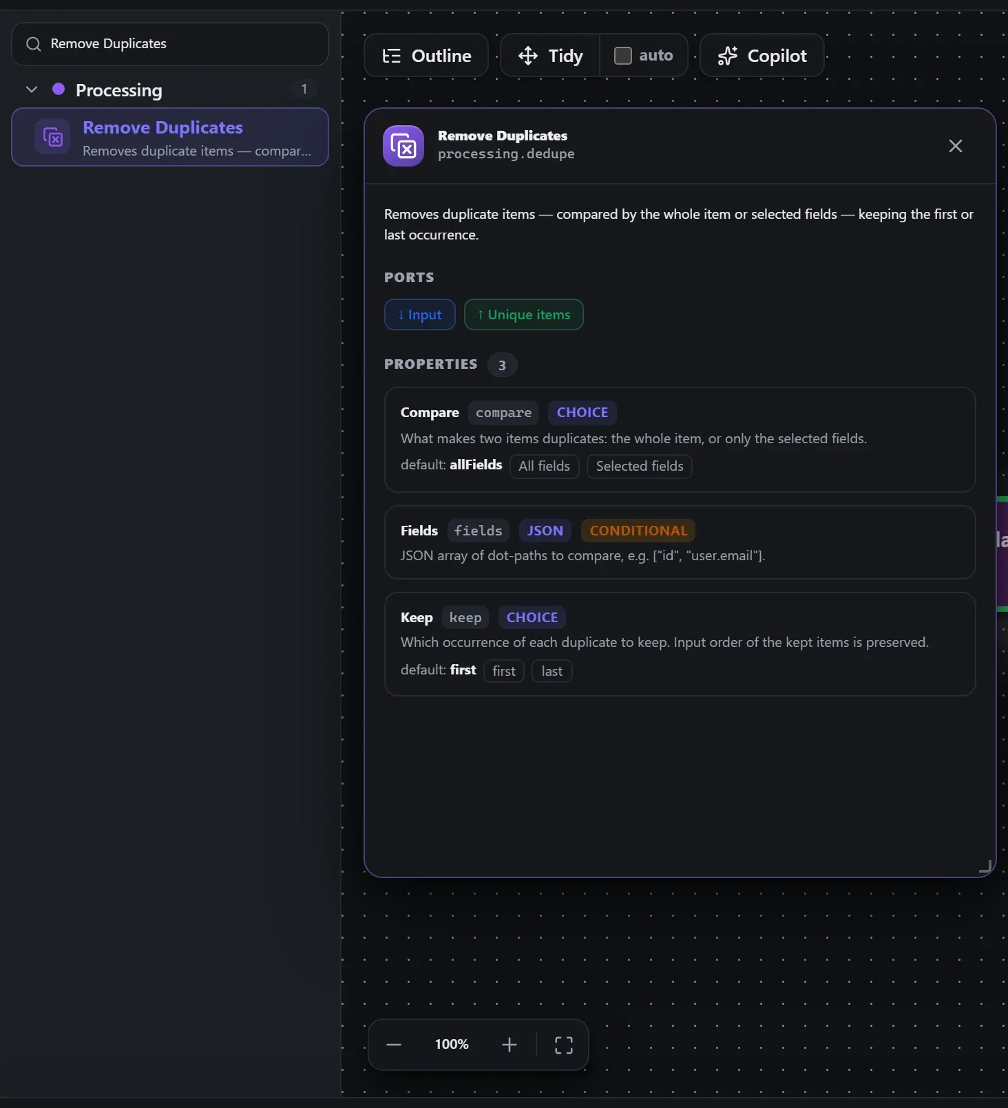 Remove Duplicates in the node library, with the in-editor docs panel open