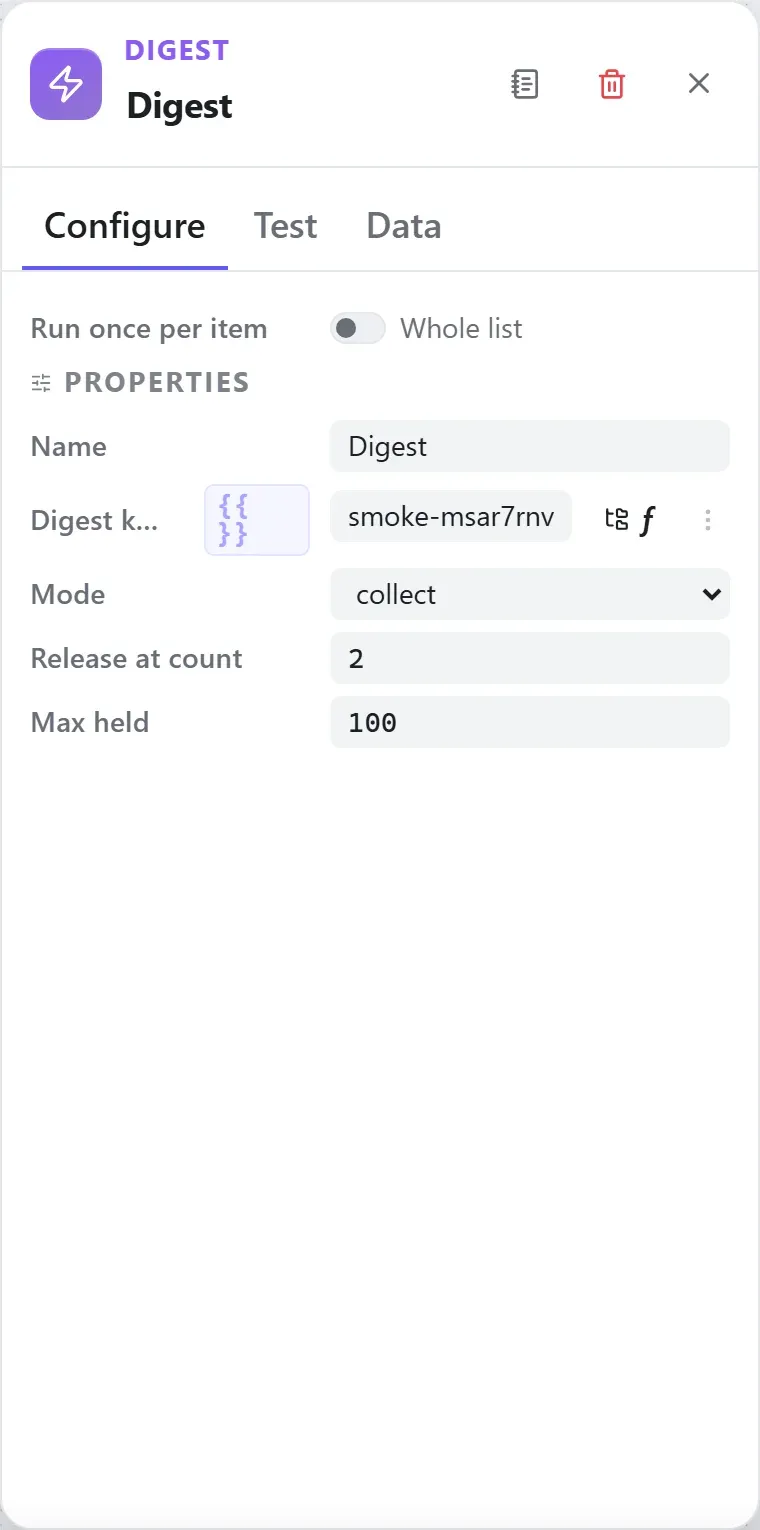 The Digest node's settings in the Studio builder