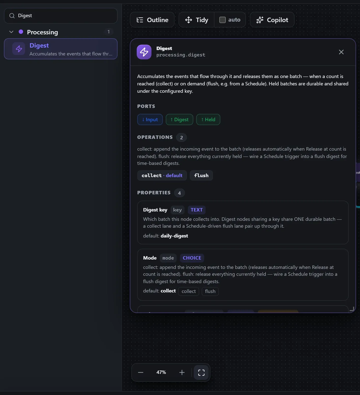 Digest in the node library, with the in-editor docs panel open