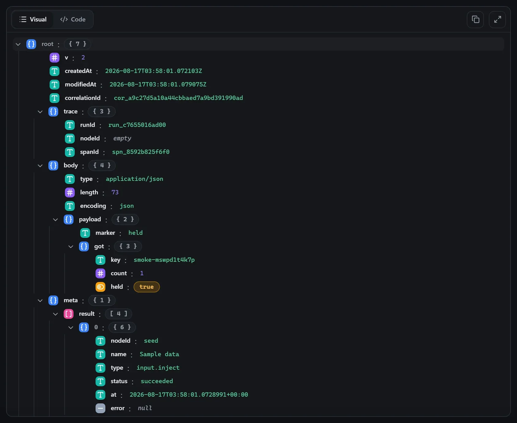 The Digest node's input envelope in the run data viewer