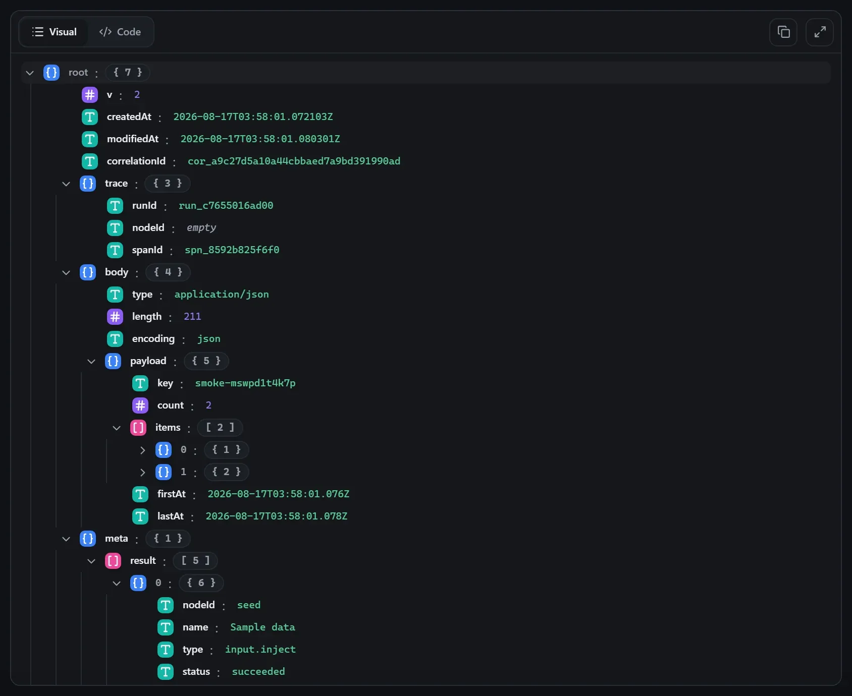 The Digest node's output envelope in the run data viewer