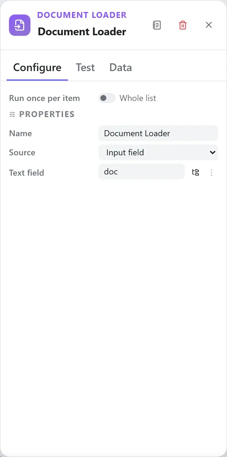 The Document Loader node's settings in the Studio builder