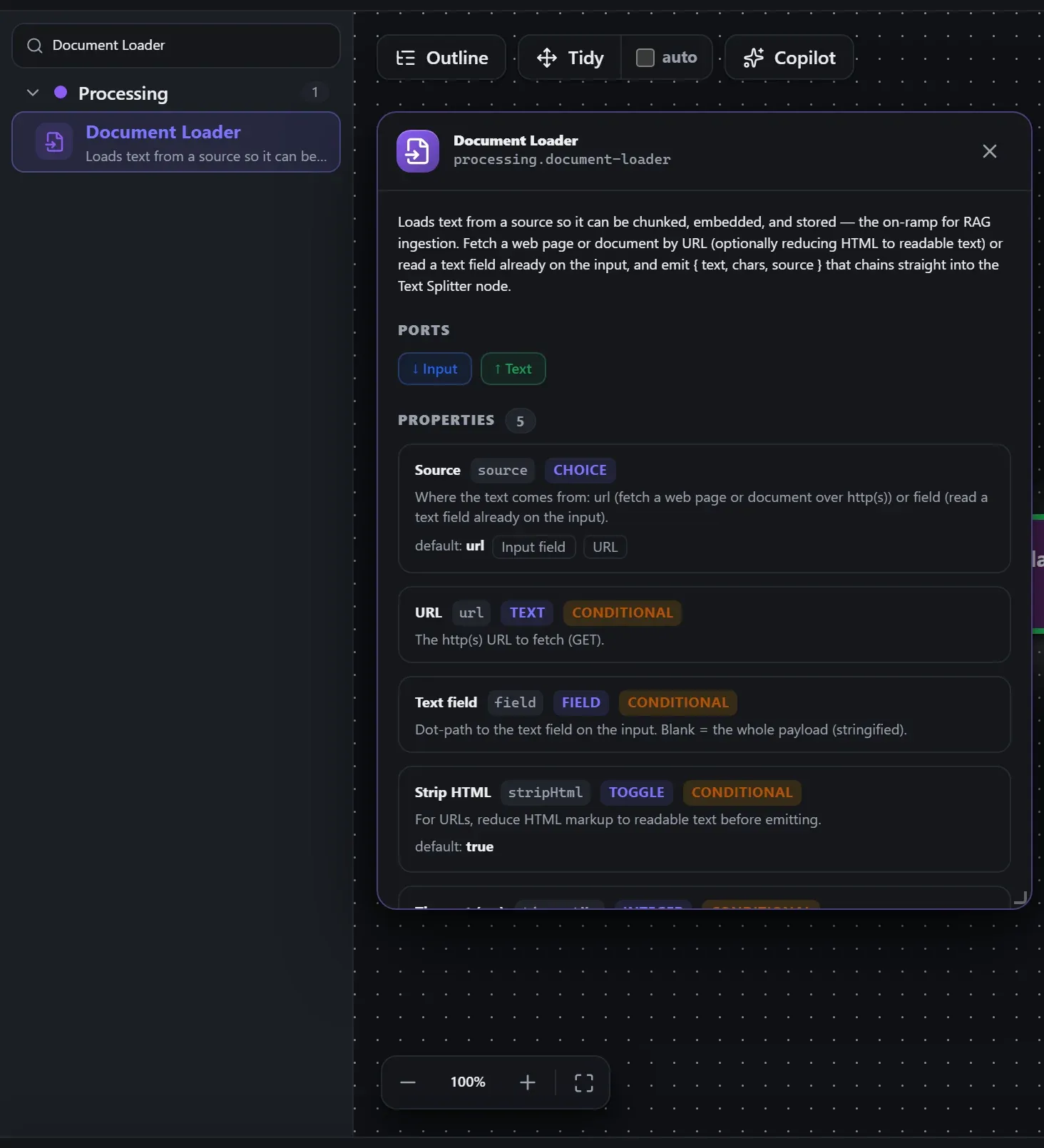 Document Loader in the node library, with the in-editor docs panel open