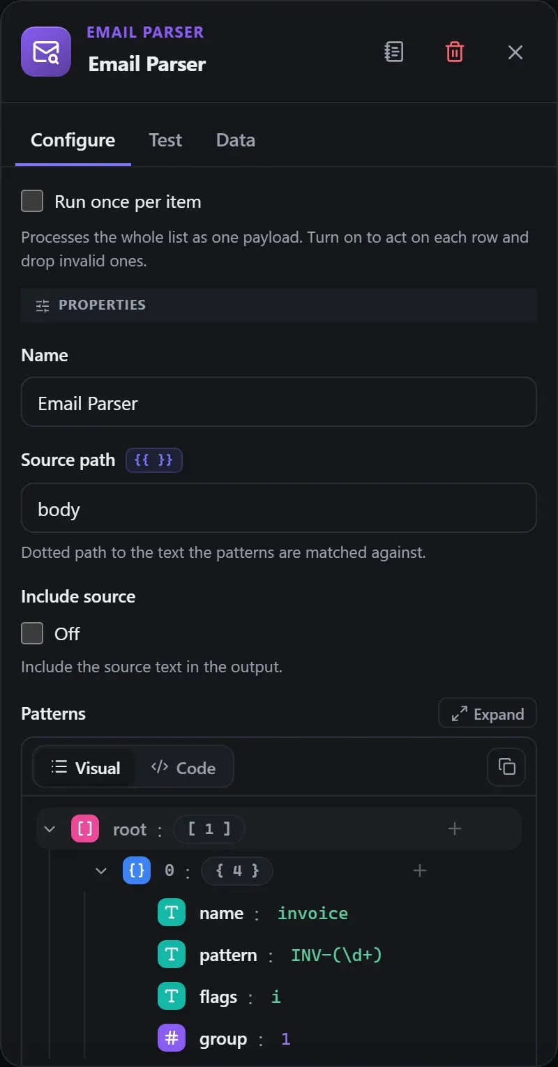 The Email Parser node's Configure panel in the Studio builder