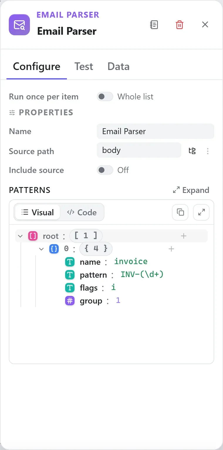 The Email Parser node's settings in the Studio builder