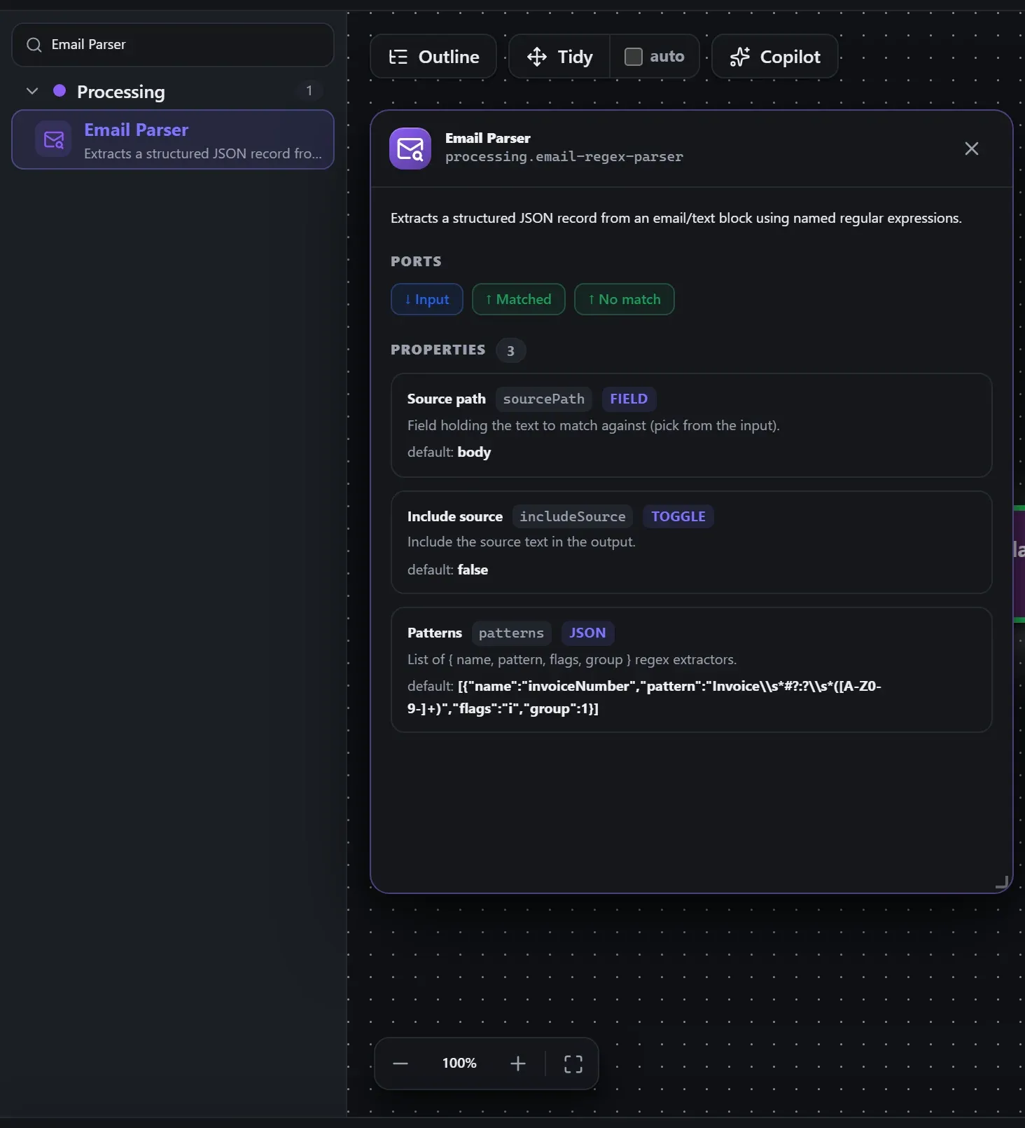 Email Parser in the node library, with the in-editor docs panel open