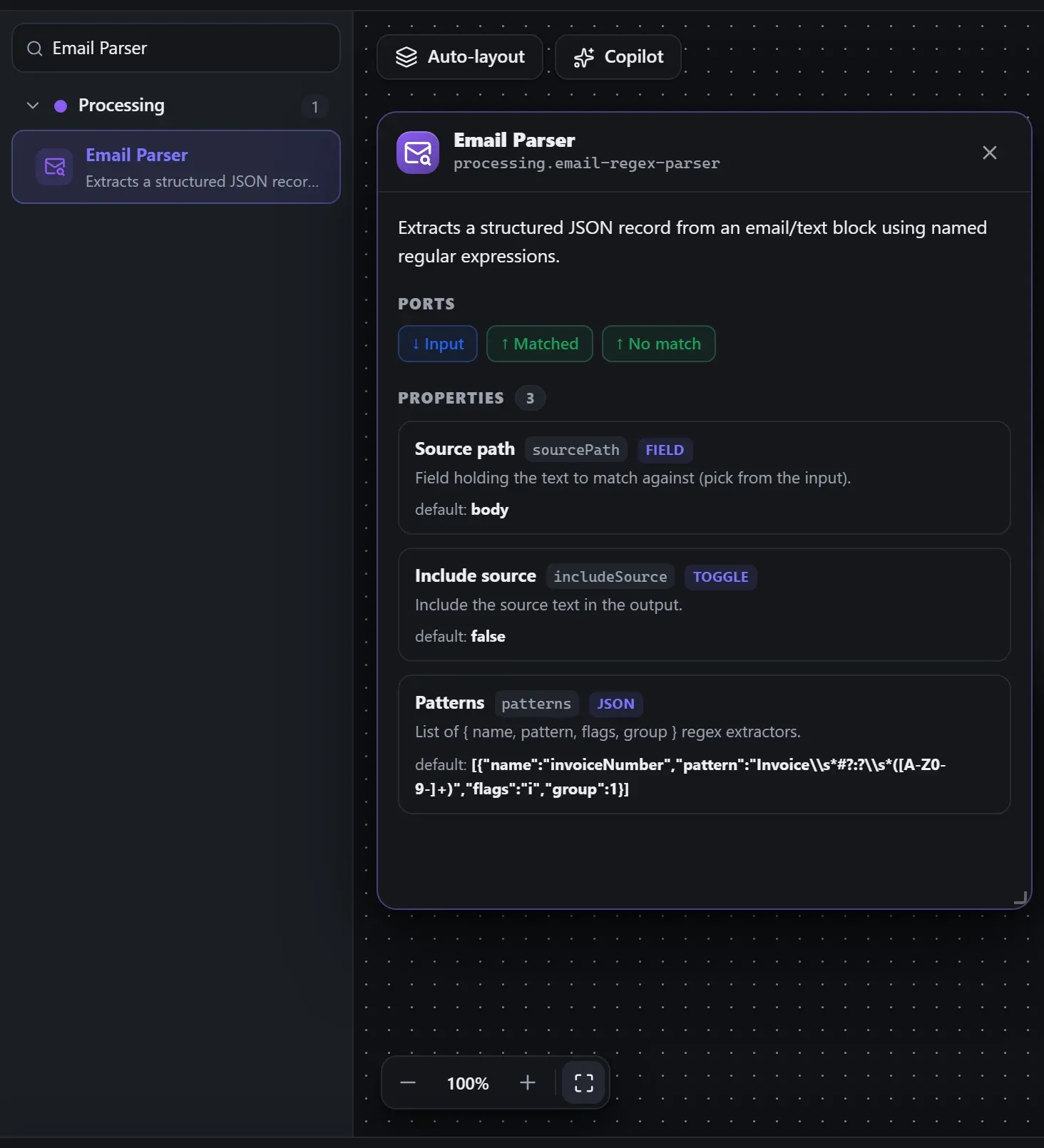 Email Parser in the node library, with the in-editor docs panel open