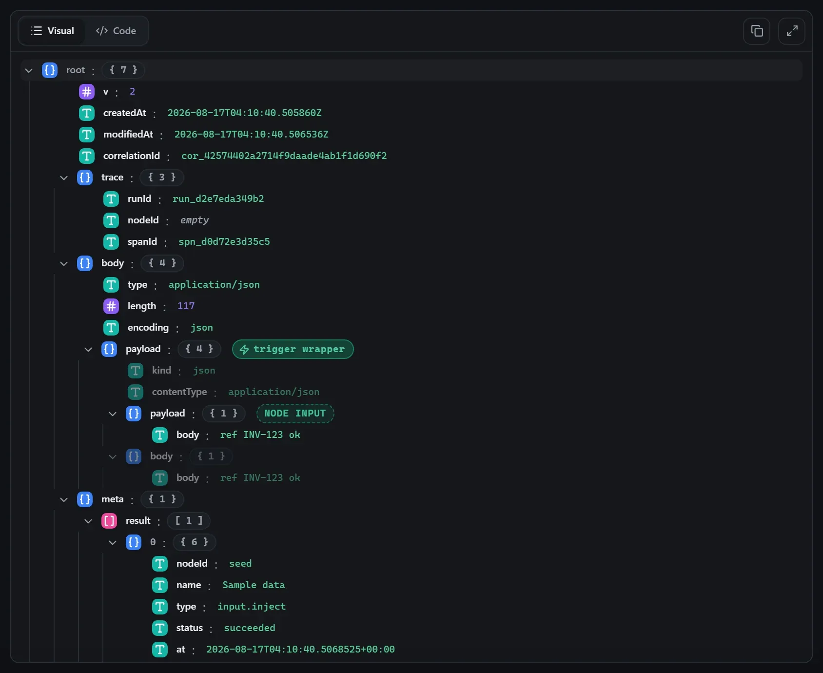 The Email Parser node's input envelope in the run data viewer