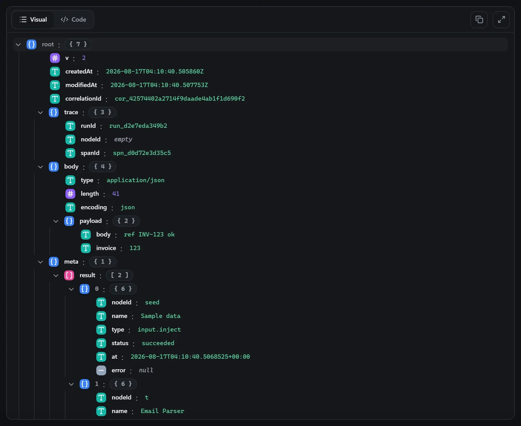 The Email Parser node's output envelope in the run data viewer