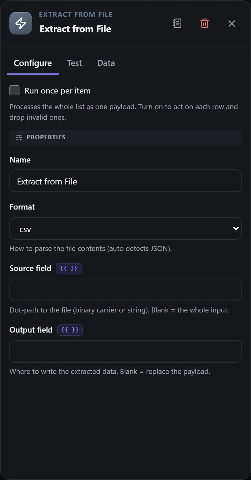 The Extract from File node's Configure panel in the Studio builder
