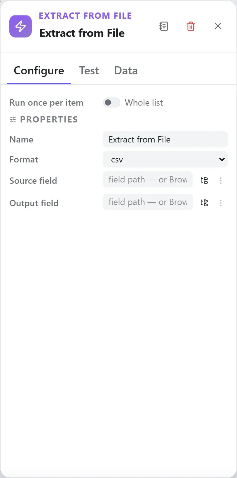 The Extract from File node's settings in the Studio builder