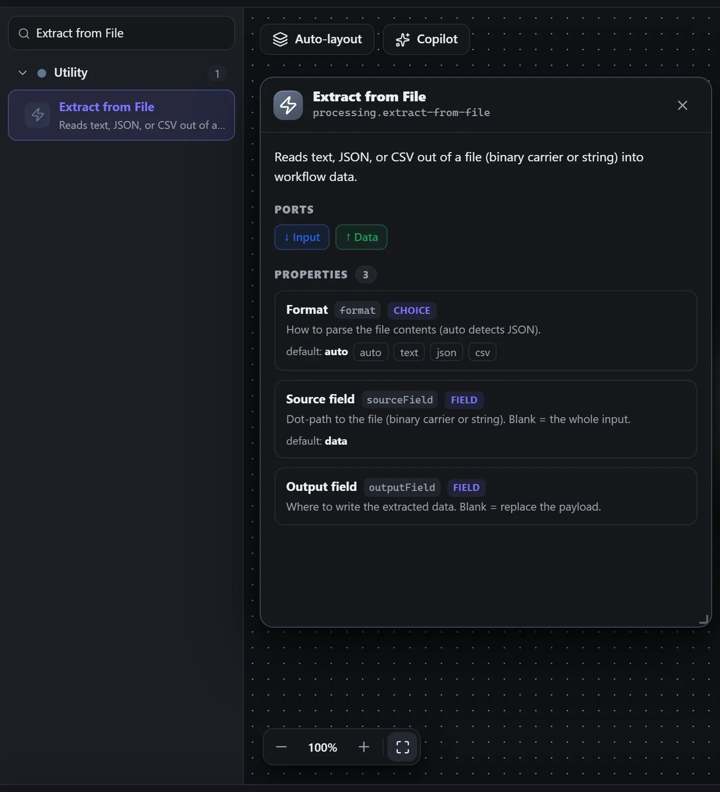 Extract from File in the node library, with the in-editor docs panel open